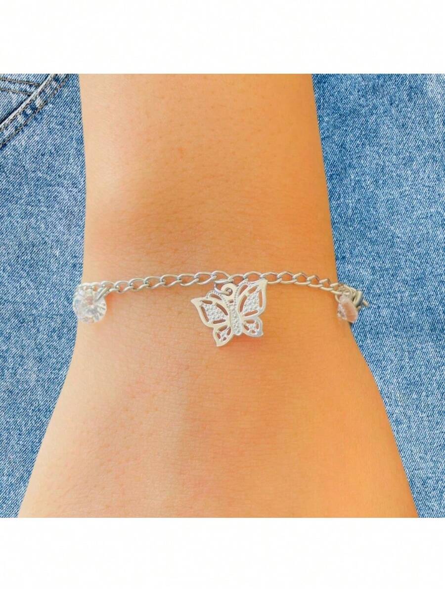 Rebouças Store Pulseira Feminina Borboleta Pedrinhas Aço Inoxidável