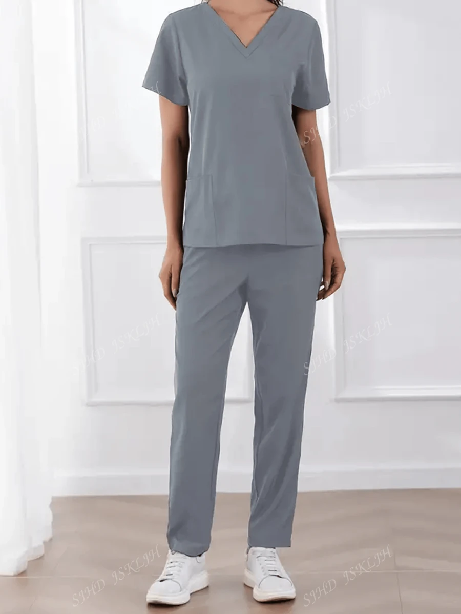 Ensemble de tenue d'uniforme médical avec Top à col en V unicolore et pantalon, manches courtes pour femmes