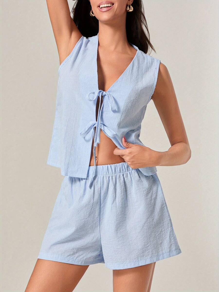 Women's 2 Piece Striped Outfit, Deep V Neck Tie-Up Tank Tops Elastic Waist Shorts For Summer