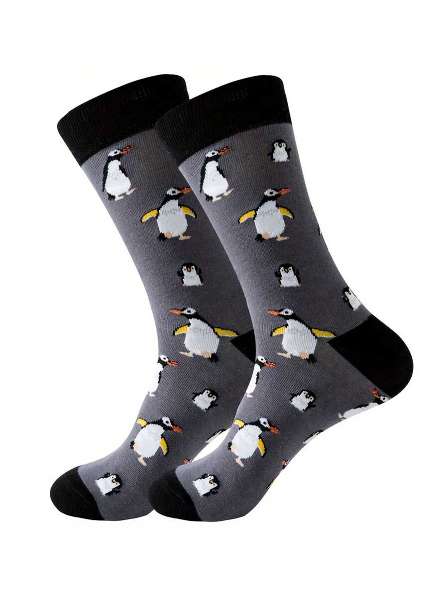 1 par de calcetines de tubo medio cómodos y transpirables con estampado de pingüinos de dibujos animados, calcetines divertidos personalizados con estampado de animales