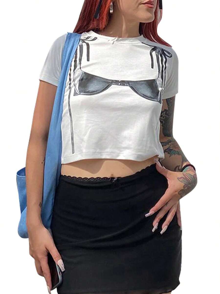 Women Crop Tops Bra Print Short Sleeve Round Neck Casual T-Shirts Summer Slim Fit Shirts Streetwear