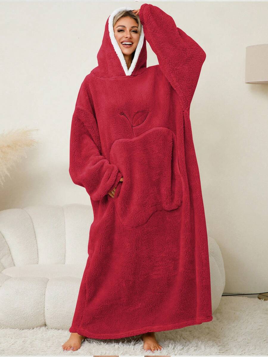 1 pièce Peignoir long à capuche en flanelle avec poche en forme de pomme, vêtement d'intérieur chaud et douillet