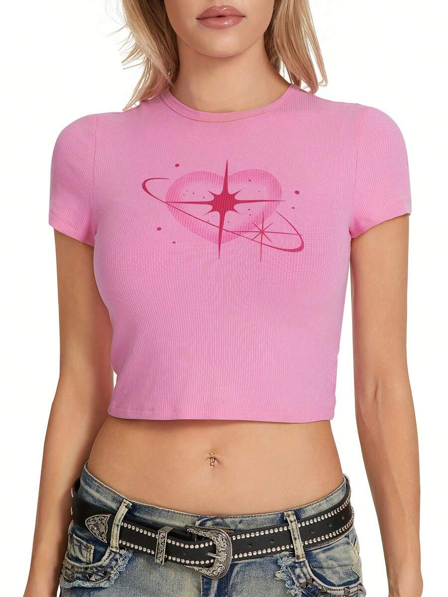 Women T-Shirt Crew Neck Short Sleeve Heart Print Slim Fit Summer Tops For Casual Daily