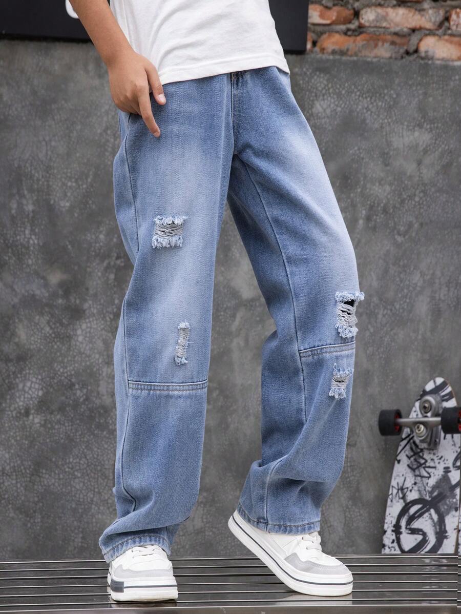 Patchwork-Jeans im Used-Look für Tween Jungens mit geradem Bein, lässige Hose mit entspannter Passform, geeignet für Frühling, Sommer, Herbst, Winter