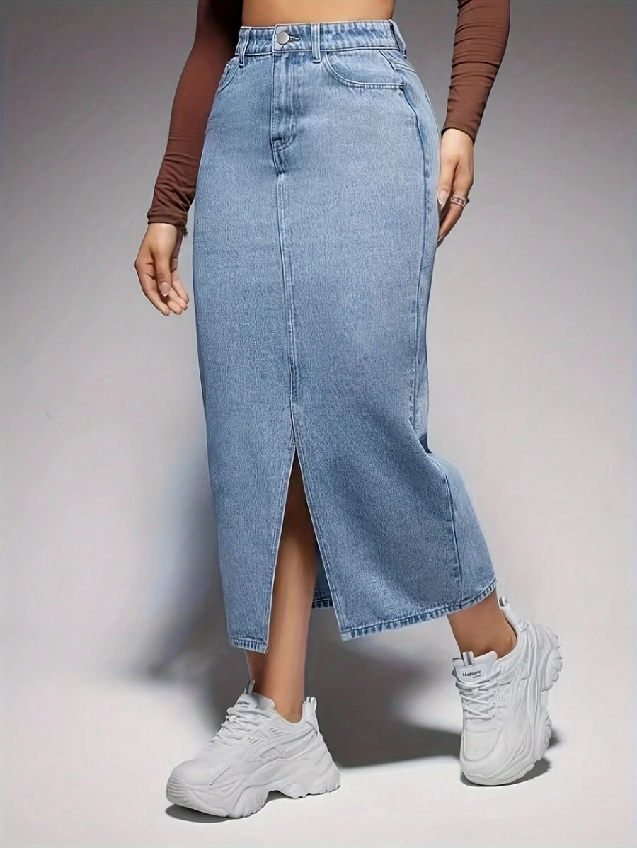 Saia Denim Maxi Casual com Fenda no Bolso e Bainha para Mulheres