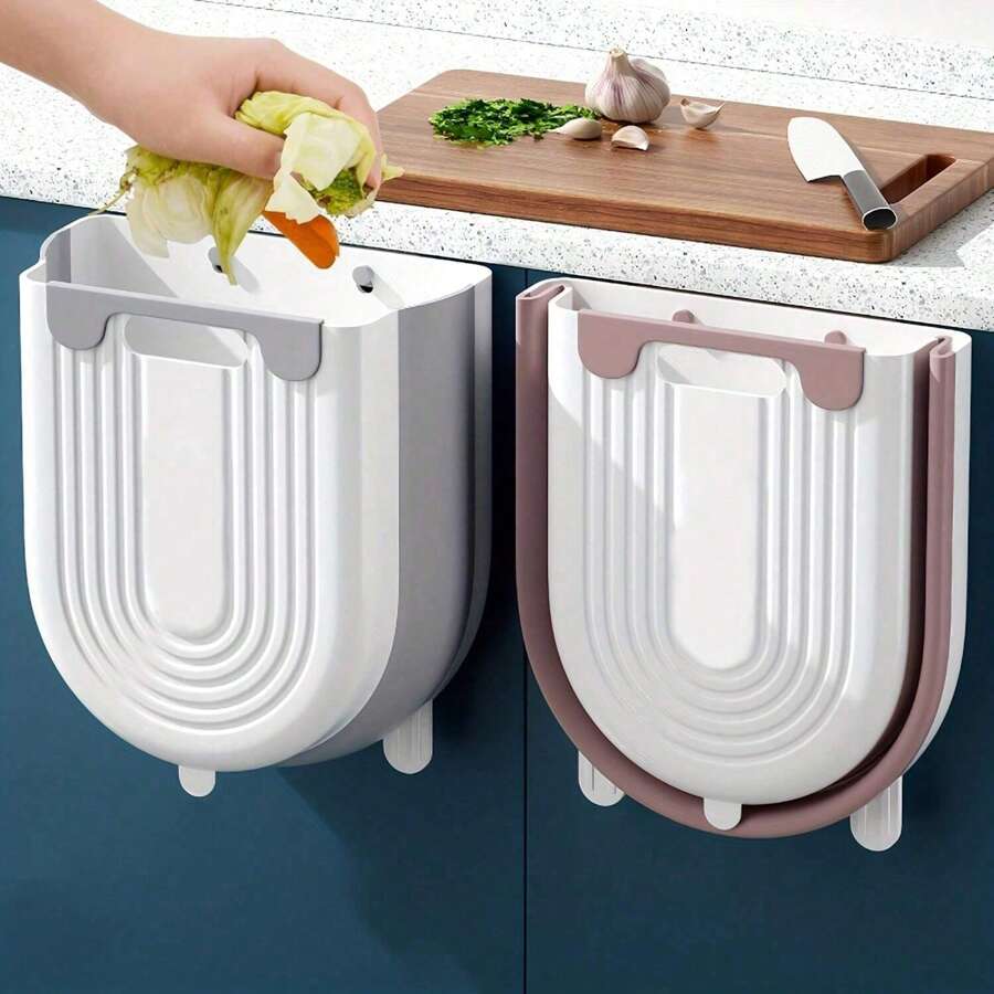 1pc Hanging Folding Mini Trash Can For Kitchen Cabinet Door, Wall Mounted Food Waste Bin Container, Garbage Bag Holder For Bathroom Kitchen Cabinet Desk Drawer Bedroom