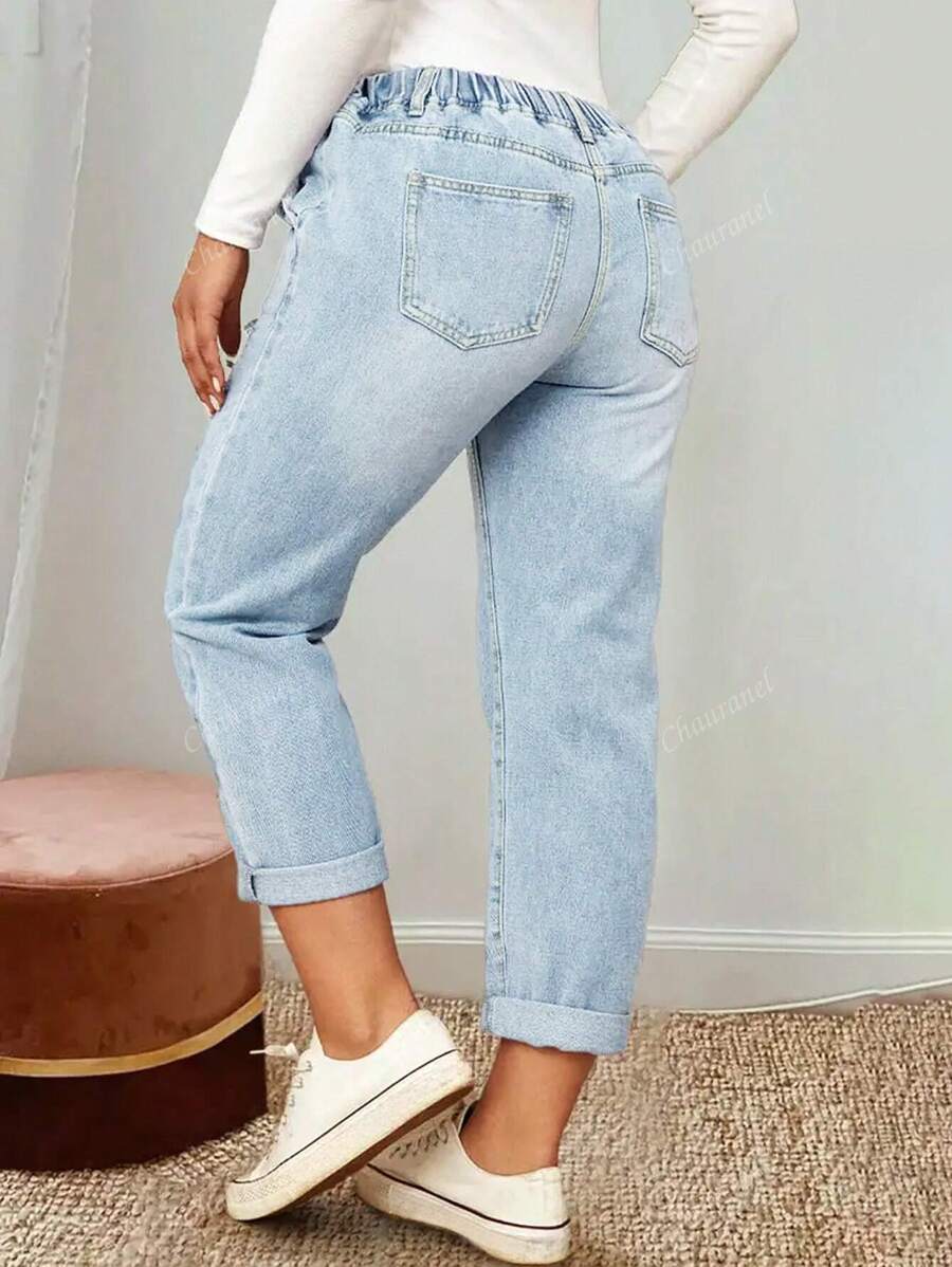 Women's Elastic Waist Washed Denim Long Pants, Suitable For Commuting And Casual Wear, Autumn