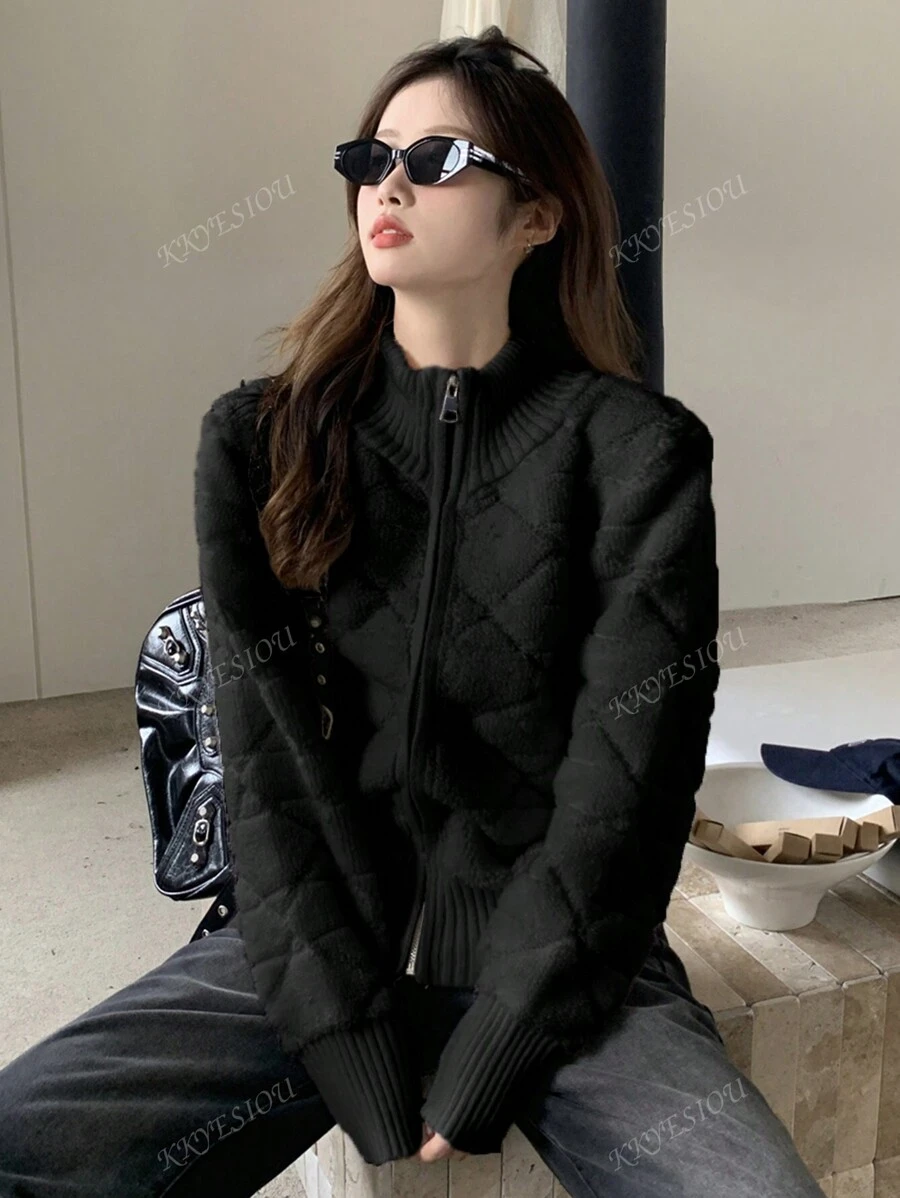 Women Zip-Up Knit Cardigan Sweater Jacket With Stand Collar, Autumn/Winter