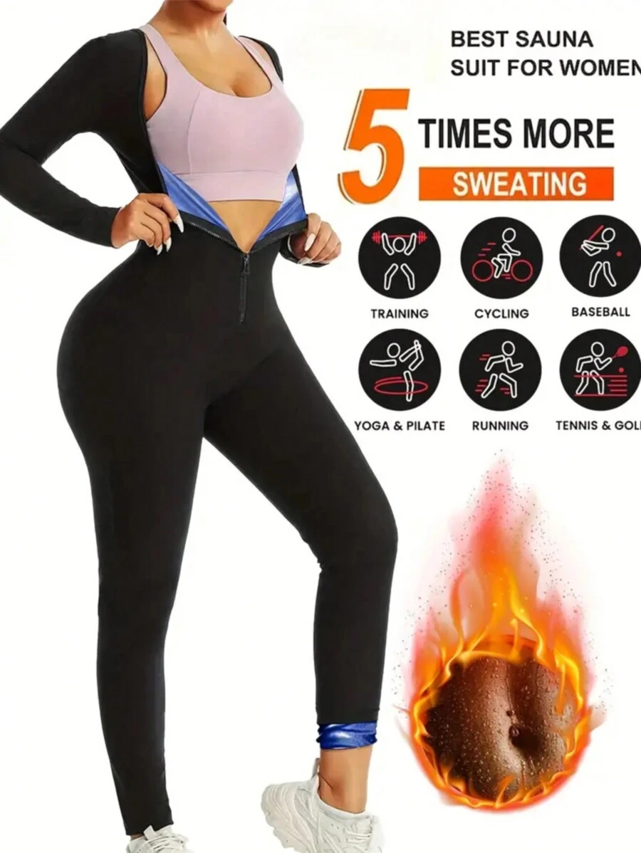 1 pezzo Maglione donna per sauna autunno/inverno, Tuta intera a maniche lunghe modellante, Abbigliamento sportivo termico da yoga, Abbigliamento da fitness per dimagrire con chiusura lampo per corsa e allenamento, Tuta da sauna isolata