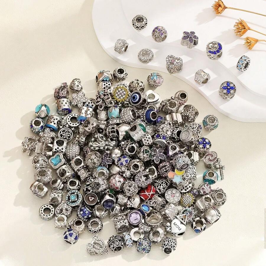 Encantos pintados huecos de 5 piezas/10 piezas/15 piezas/20 piezas al azar - Colores surtidos de corazón, flor, mamá, estrella, luna, mariquita para hacer pulseras y collares DIY