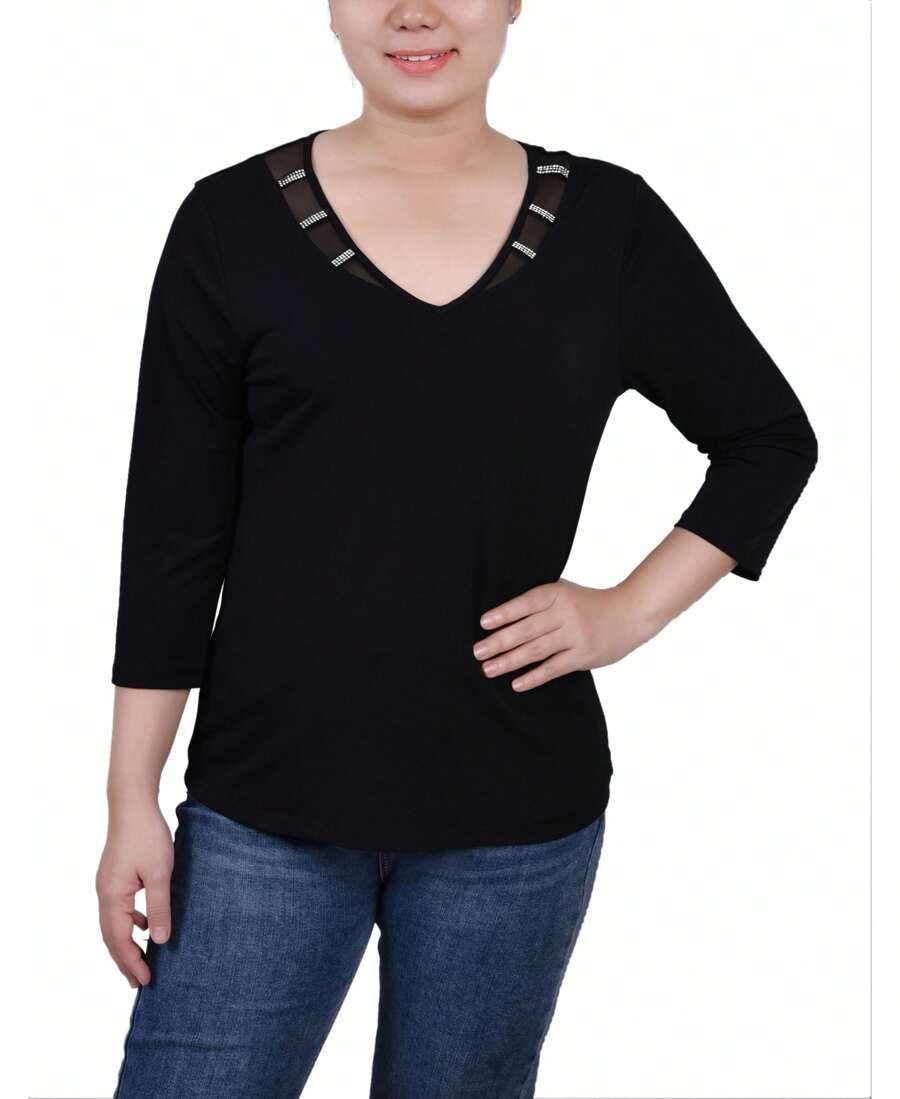 NY Collection Petite 3/4 Sleeve Top With Illusion Neckline Stones