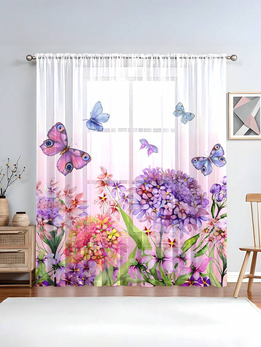 1st Bloemen Plant & Vlinder Print Transparant Gordijn, Machine Wasbaar, Met Roede Zak, Voor Slaapkamer, Kantoor, Keuken, Woonkamer, Studeerkamer, Woondecoratie