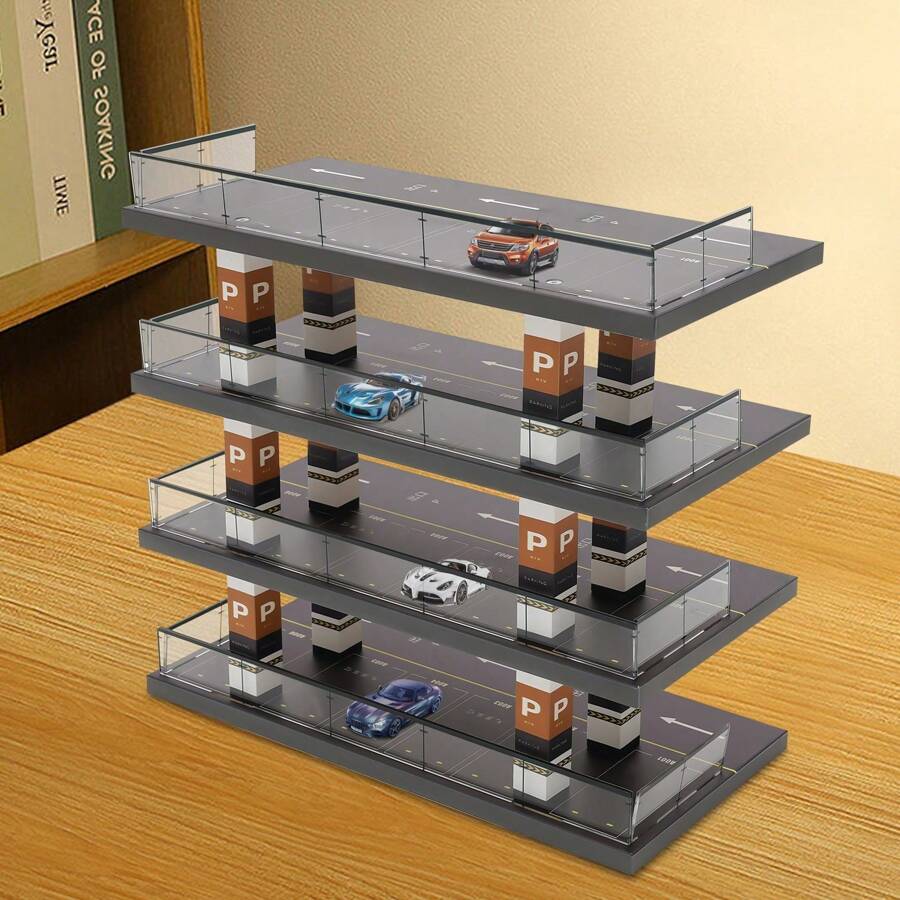 4-Tiers Model Car Display Case, 1/64 Scale Hot Diecast Wheels Display Case Toy Car Storage, Small Parking Garage Diorama Birthday Presents