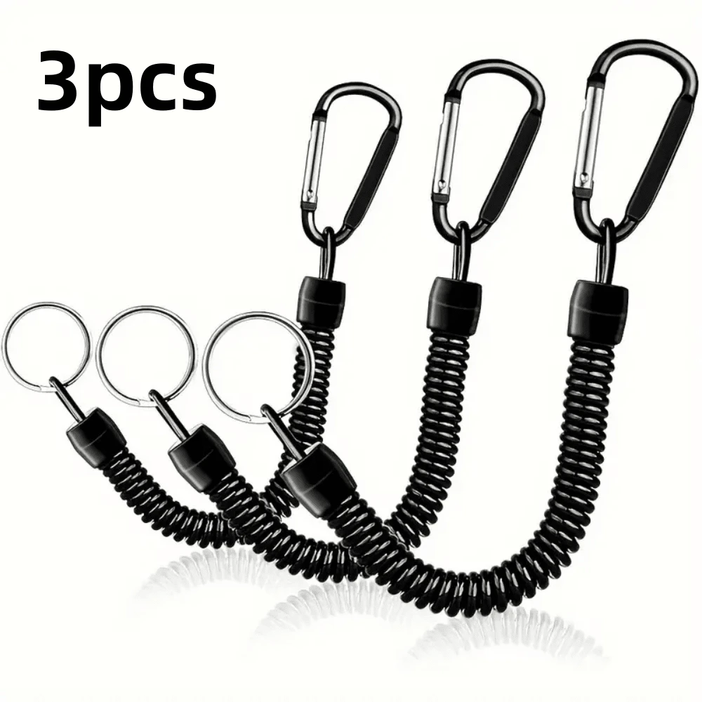 3 Peças Chaveiro de Mola Preta com Mosquetão, Corda de Segurança Extensível, Cinta de Pulso Antiperda Multifuncional