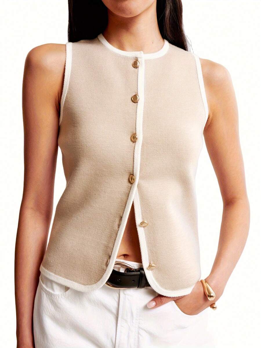 Women's Summer Knit Tank Tops Sleeveless Crew-Neck Front Button Down Slim Vest Streetwear