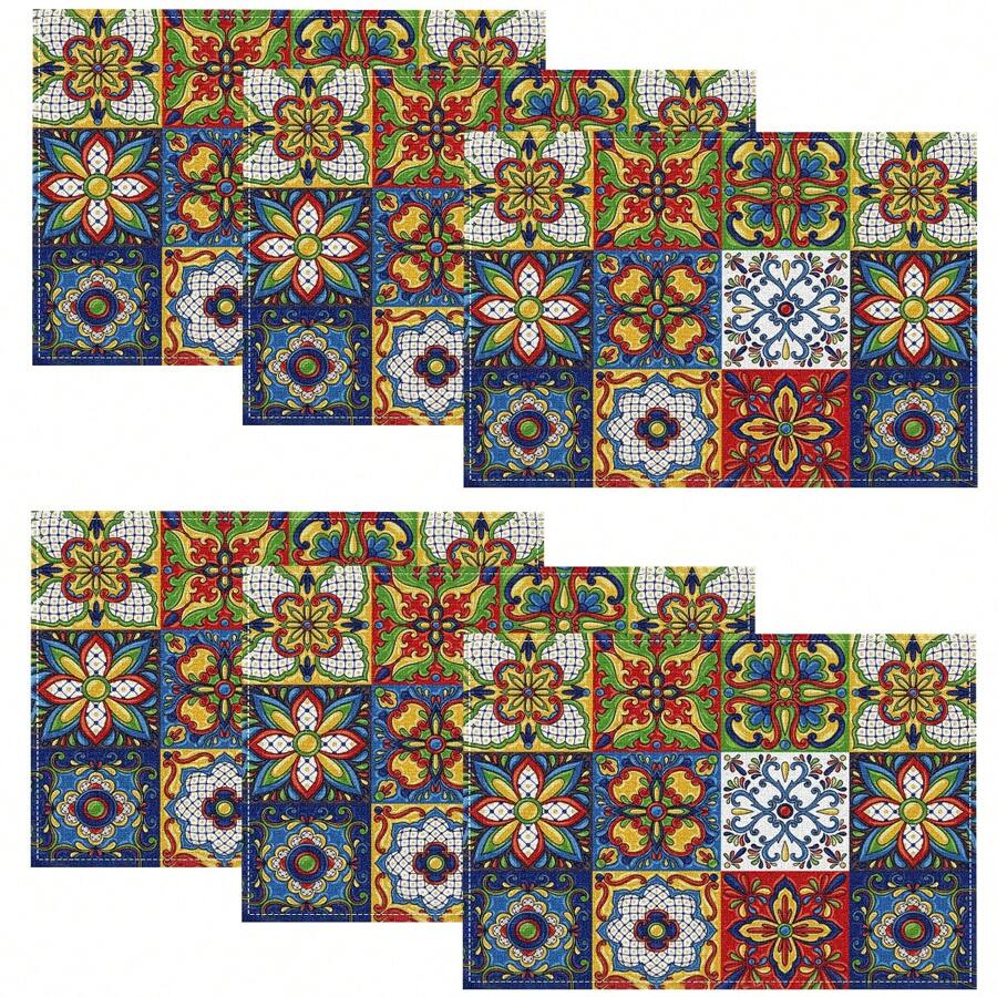 1pc/4pcs/6pcs Bohemian Mandala Placemats, Mexican Traditional Pattern And Geometric Grid, Bohemian Flowers, Washable Table Mats For Dining, Kitchen, Party