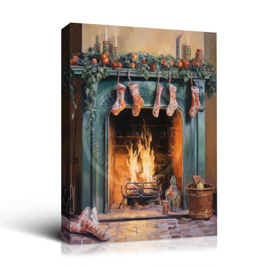 Printed With Christmas Fireplace And Socks Pattern, Christmas Poster Artwork, Holiday Decorations And Joyful Atmosphere, Festive Christmas Wall Art, Winter Holiday Gifts, Suitable For Living Room, Bedroom, Restaurant Decoration-1 Pc Wooden Framed Canvas Painting Thickness Cm/0.9inch High Quality Wall Art Prints Poster Direct Hanging Wall Picture Decor For Home Gifts, Christmas Gifts, Living Room, Bath Room, Bedroom, Kitchen