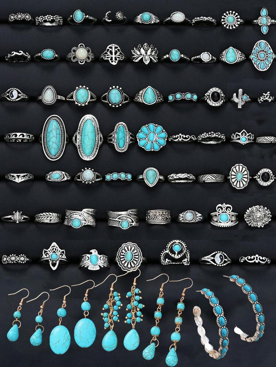 42/2/8 Stücke einfacher Blumen & Tropfen Vintage Türkis Ring, Ohrringe Set, Schmuckset für Frauen, Feiertage, Date, tägliches Partytragen