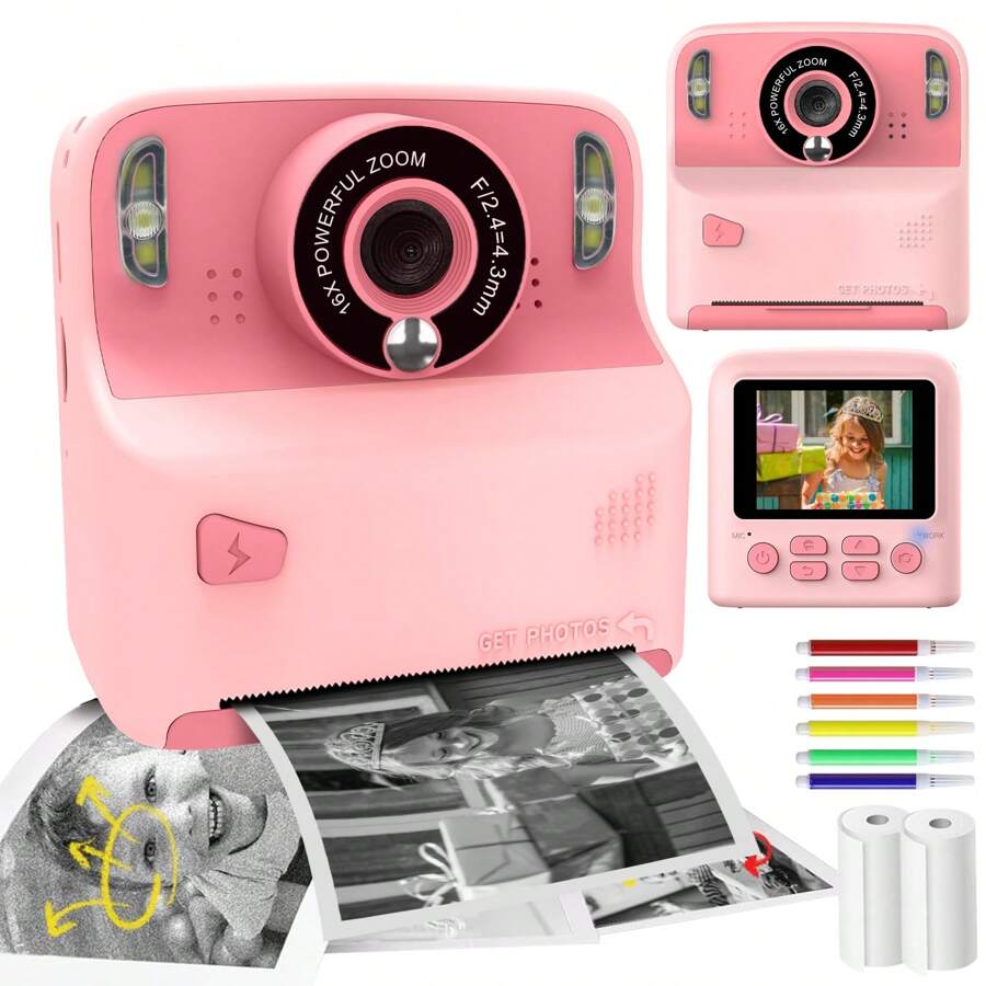 Cámara con impresión instantánea para niños, cámara digital para niños de 1080p con pantalla HD, regalo ideal de juguetes para niños y niñas de 6 a 14 años, incluye 2 rollos de papel de impresión y 6 bolígrafos de colores
