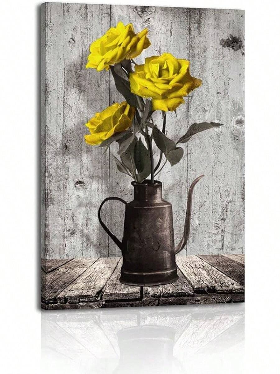 Rustic Sunflower Canvas Wall Art: Vintage Flower Picture Print Farmhouse Wall Decor - Floral Pot Decorative Wrapped Canvas Framed Artwork Decoration For Bedroom Home Office Ready To Hang 10x15inch(Framed Wrapped Canvas)
