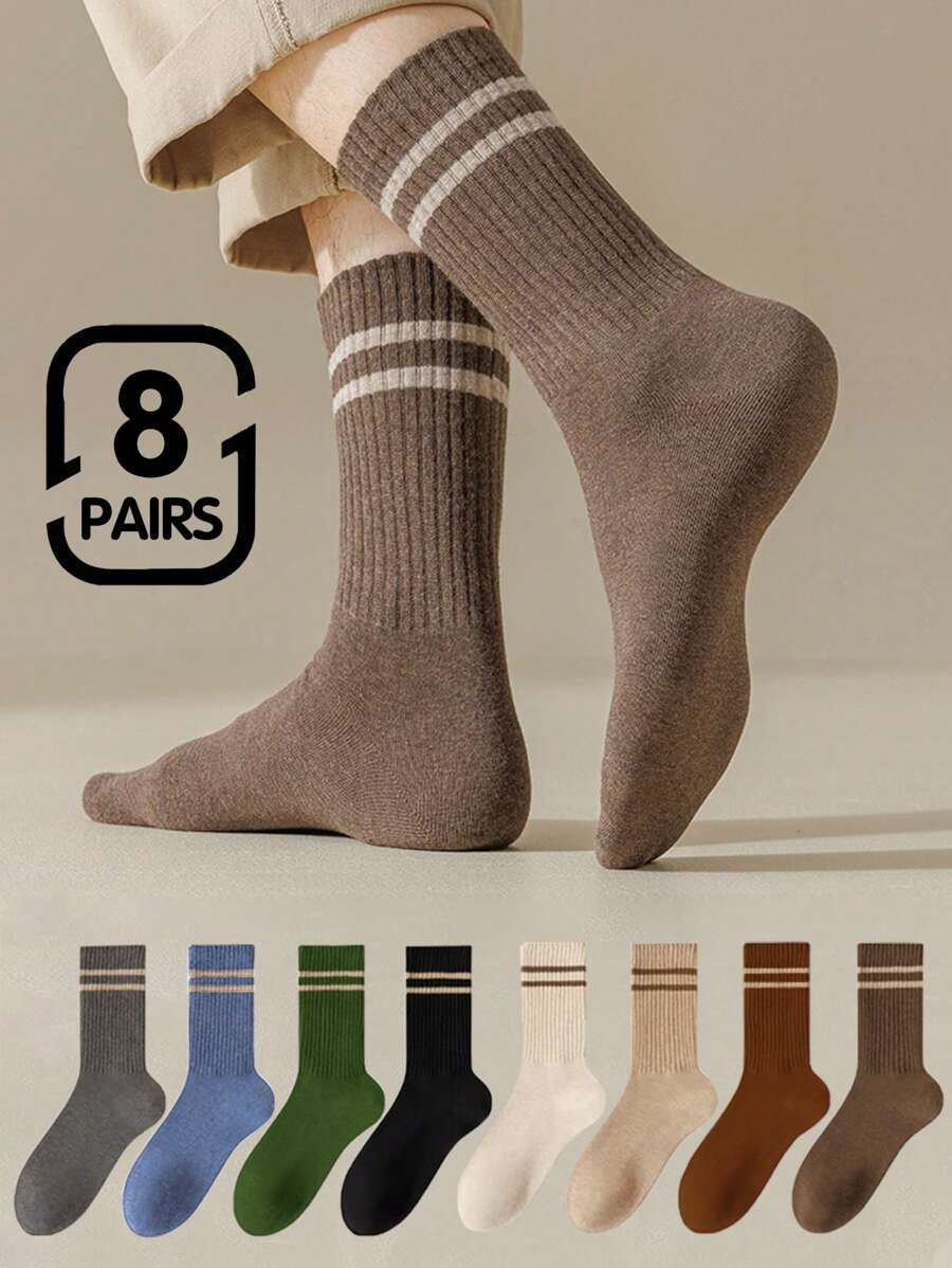 8 pares de calcetines hasta media pantorrilla para hombre, calcetines deportivos de unicolor y a la moda para primavera y otoño, calcetines largos informales estilo japonés ligeros, transpirables y absorbentes del sudor para uso diario