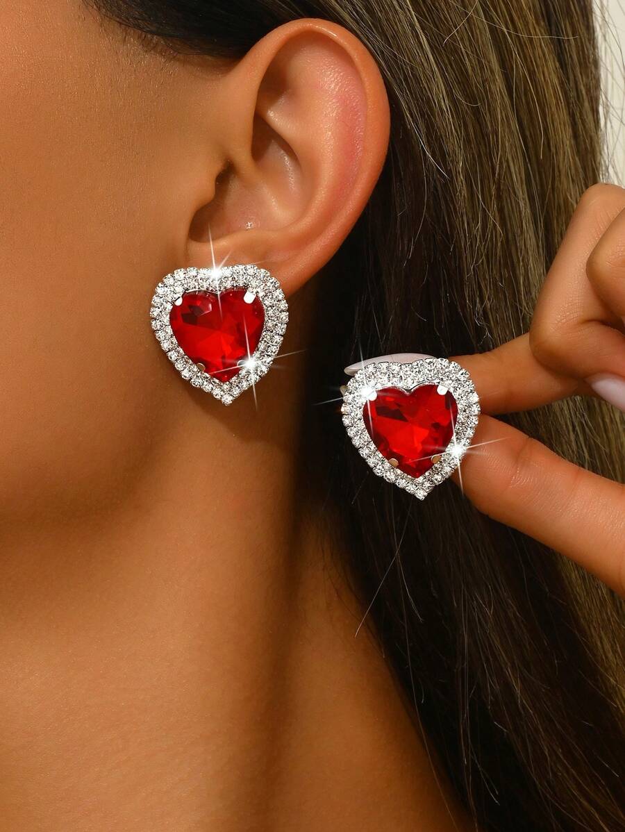 1 paar damesmode sprankelende hartvormige strass oorbellen, bruiloft, feest, vakantie cadeau voor Valentijnsdag en Moederdag, moeder, moeder, Moederdag, cadeau