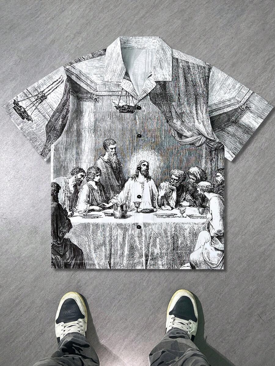 Camisa de manga corta con estampado todo sobre para hombres, diseño de solapa de "La Última Cena" de