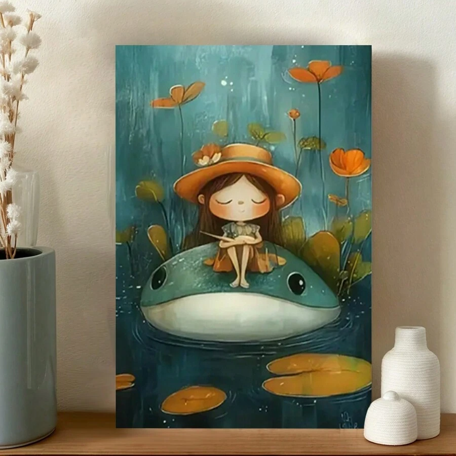 Charming Girl & Frog Canvas Art - Wooden Wall Decor For Living Room, Bedroom - Vibrant Home Aesthetic, Perfect For Room Decor