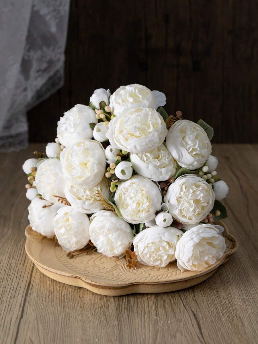 2/1 pièce/Pack Fleurs artificielles de pivoine en soie, arrangement floral de pivoine blanche pour centre de table. Bouquet de pivoines imitées pour décoration florale à la maison, ferme, mariage bohème, Nouvel An, bureau, fête, gâteau.