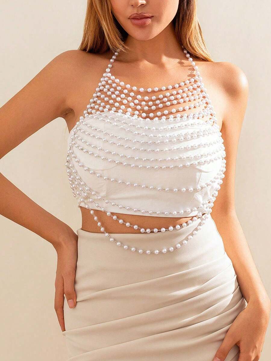 1pc European And American Style Accessories, Sexy Vacation Style, Faux Pearl Bra, Clothing Chain, Bikini Chain, Body Chain, Handmade Bead Hollow Backless Body Chain, Women's Shirt With Multiple Layers Of Bead Chains, Underwear Vest