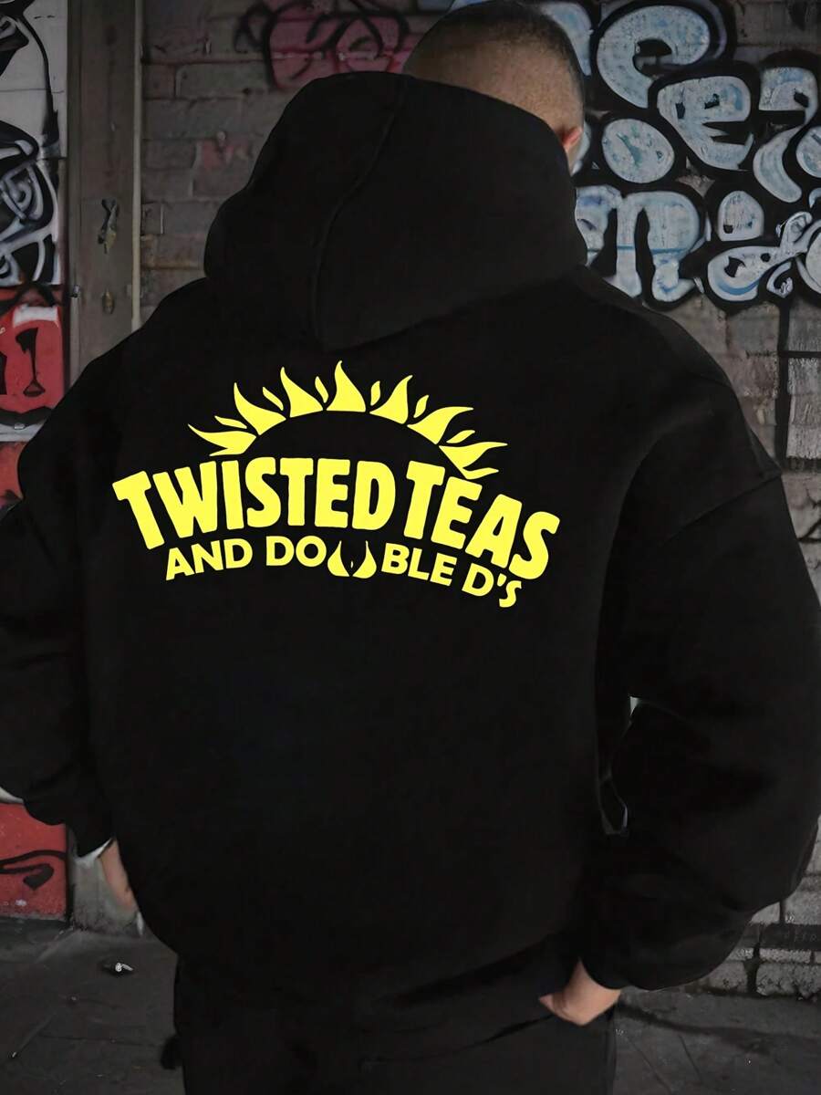 Men's Twist Tea And Double D Casual French Terry Jacket, Loose-Fitting Hoodie With Monogram Print, Kangaroo Pocket Cotton Hoodie Thermal Jumper Cold Jacket