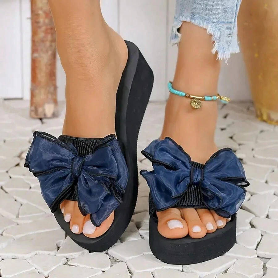 Women's Solid Color Sandals, Bowknot Decor Slip On Platform Beach Slides, Non-Slip Vacation Wedge Slides