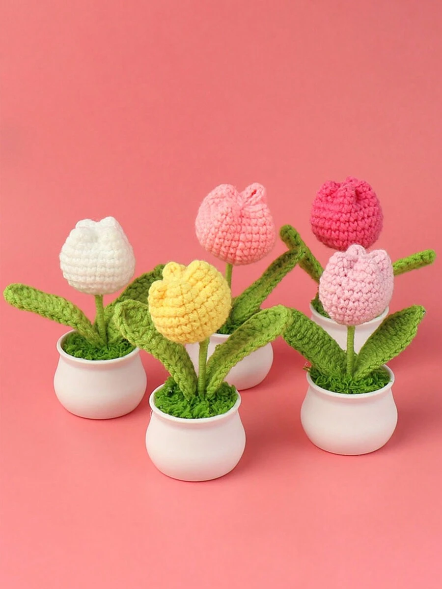 1 Piece Of Handmade Crocheted Yarn Simulation Tulip Potted Plant, Round And Cute Woven Yarn Tulip, Desktop, Car, Office, Home Decoration, Small Gift, Can Be Given To Family, Friends, Classmates, Birthdays, Teachers, Souvenirs, Night Market Scenic Area Camping Party, Valentine's Day, Gift Gifts Graduation