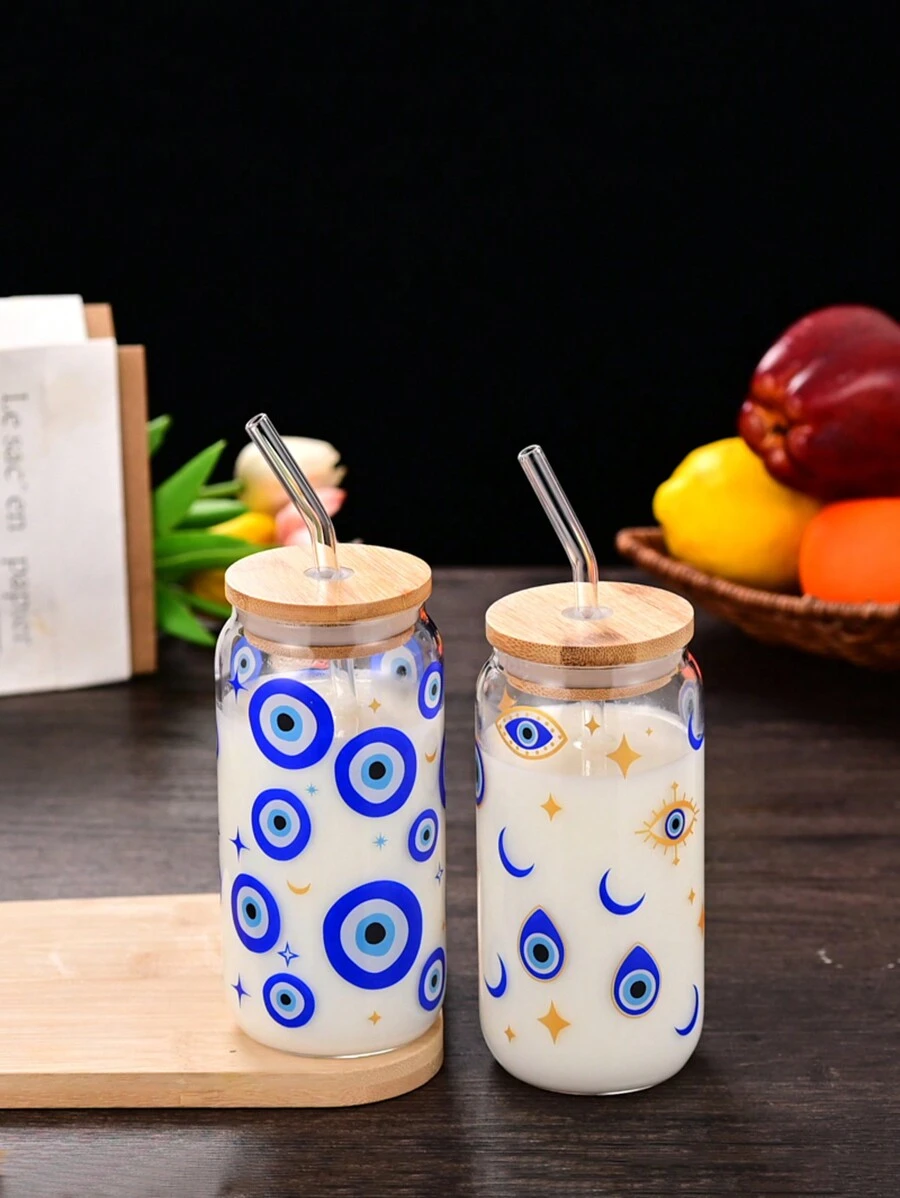 1 pieza Vaso de vidrio con pajita con estampado gráfico de ojo creativo y ojo azul, botella de agua portátil con tapa y pajita de bambú, apropiada para café con hielo, cerveza, jugo, bebidas, leche, regalo de cumpleaños, regalo de Navidad, regalo del Día de la Madre, regalo del Día de San Valentín