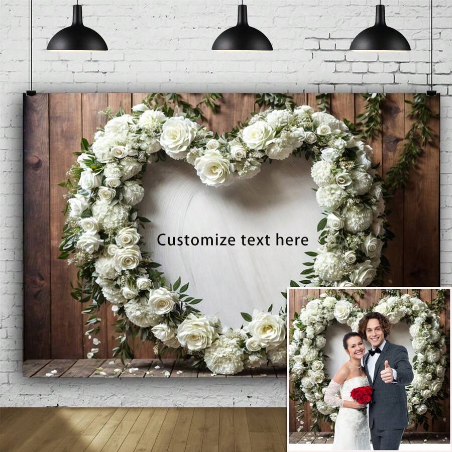 1 peça de personalização de plano de fundo para Dia dos Namorados e Casamento - Faixa decorativa vintage com textura de madeira e flores brancas - Perfeito para casamento, noivado, festa de casamento, fundo fotográfico de aniversário/vinil