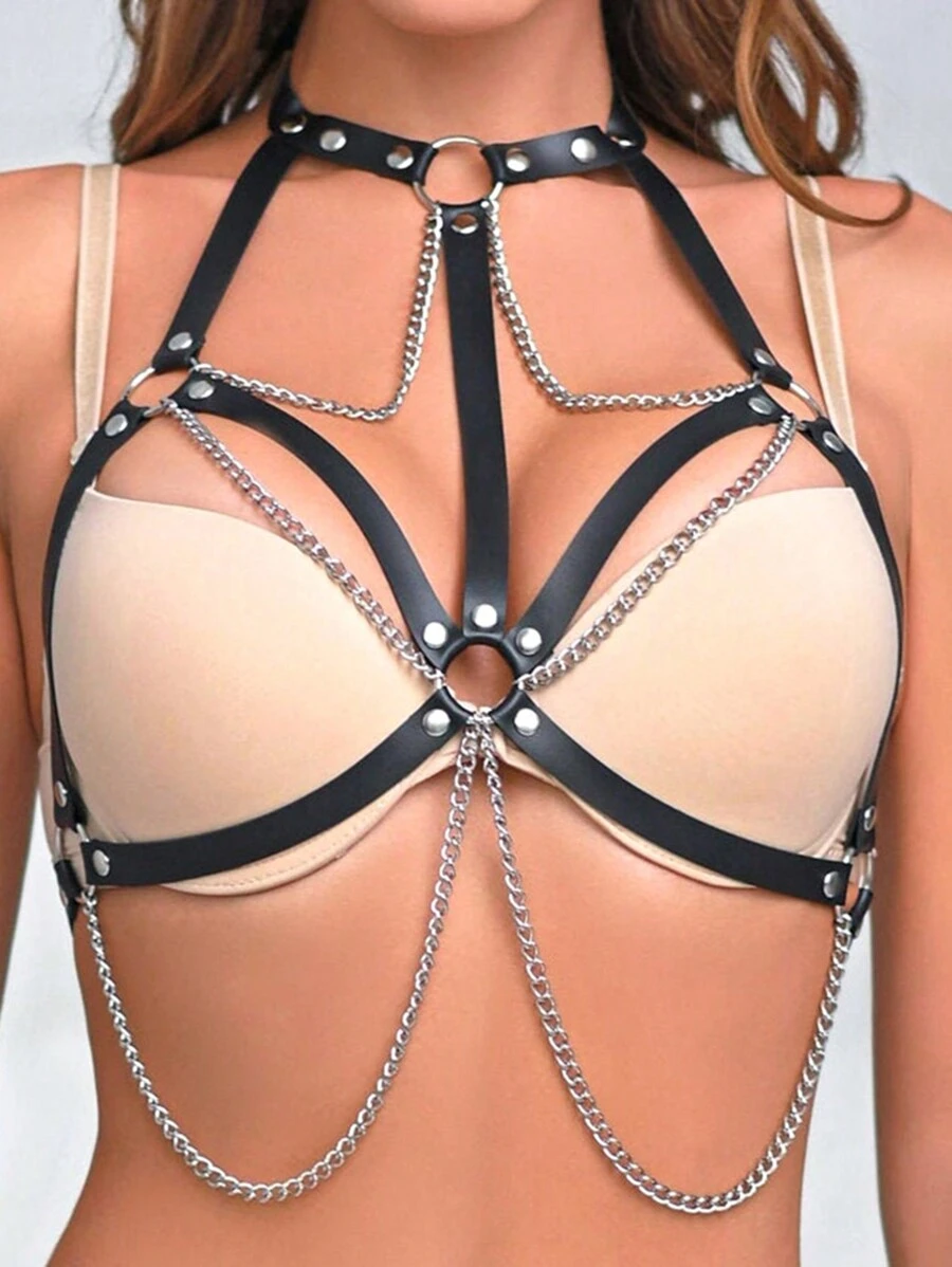 Women's Sexy Waist Belt, PU Leather Chain Tassel Chest Harness, Punk Style Accessory For Dating And Party Outfits