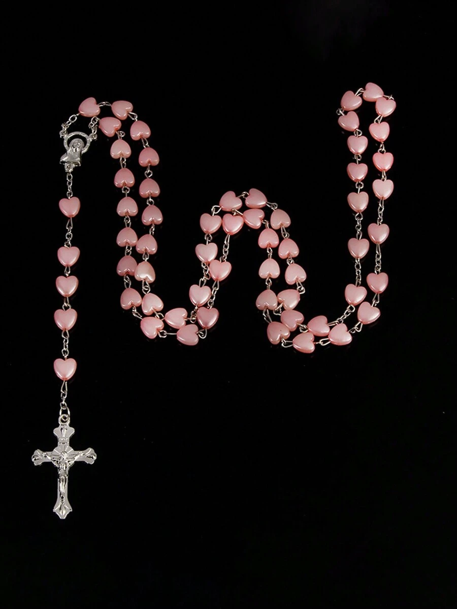 1pc Heart-Shaped Necklace, Pink, Pendant Cross Necklace, Long Y-Chain Necklace, Suitable For Daily, Party Wear, Gift For Girlfriend, Mother On Valentine's Day, Mother's Day Valentines