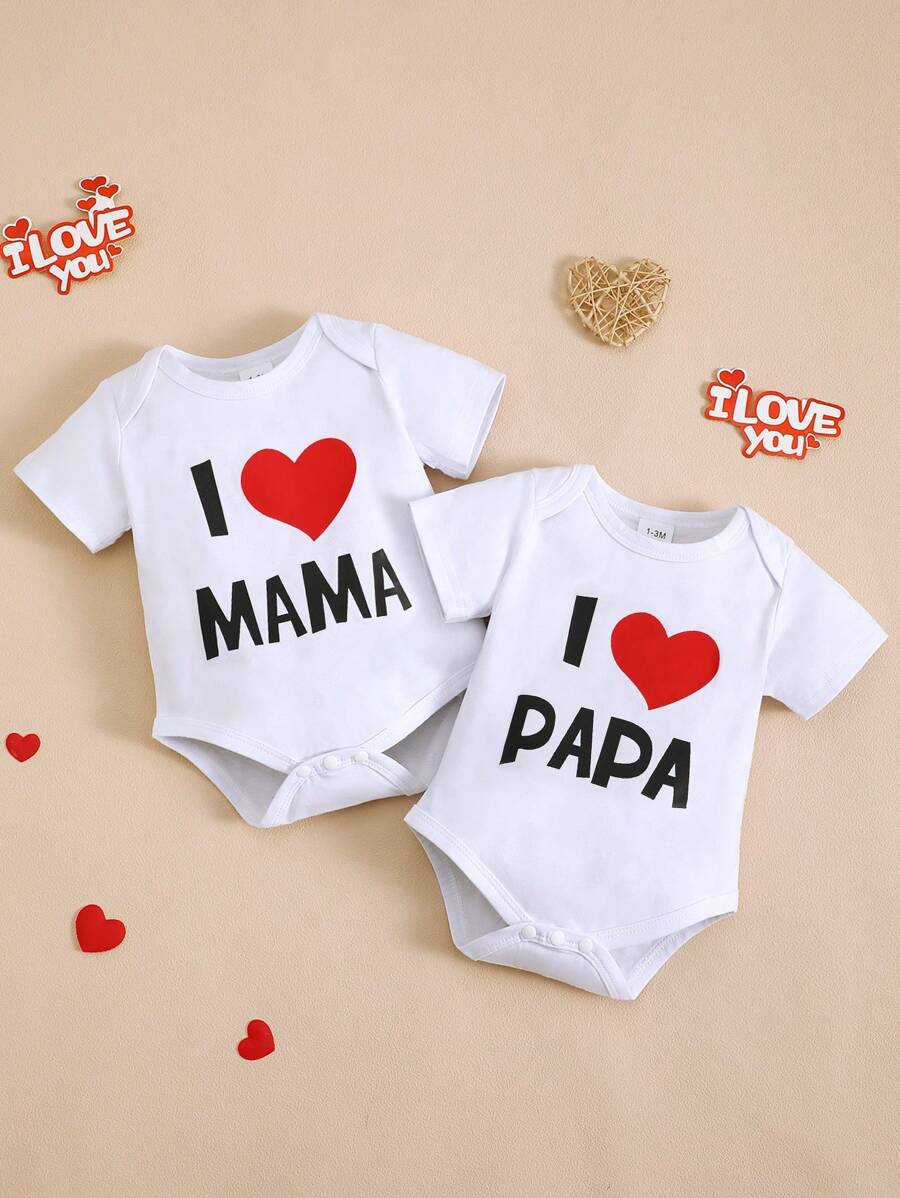 BrownBark Set de 2 prendas: Pelele de manga corta para bebé/niño pequeño con estampado gráfico "Amo a papá y mamá" para Día de San Valentín, trajes casuales y sencillos lindos para gateo de bebé, para Día de la Madre/Padre