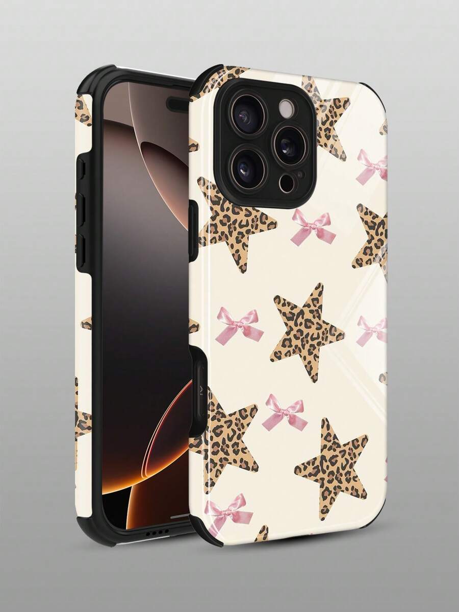1 Pc New Star Leopard Bow Anti-Drop Shockproof Soft TPU+PC Hybrid Phone Case Compatible With Apple IPhone 16/16Plus/16Pro/16ProMax