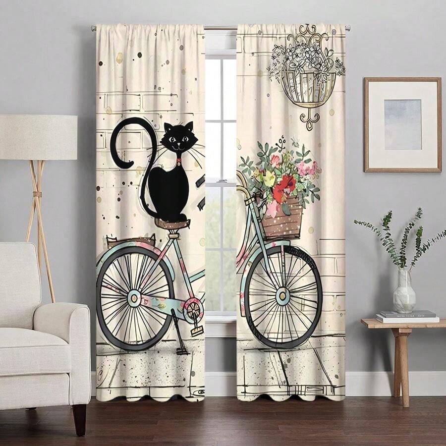 2 Stück Vorhänge mit schwarzer Katze und Fahrrad Motiv im frischen, einfachen Stil - Gardinenaufhängung mit Schlaufen für Privatsphäre und einfache Installation im Schlafzimmer, Wohnzimmer, Bad und anderen Räumen