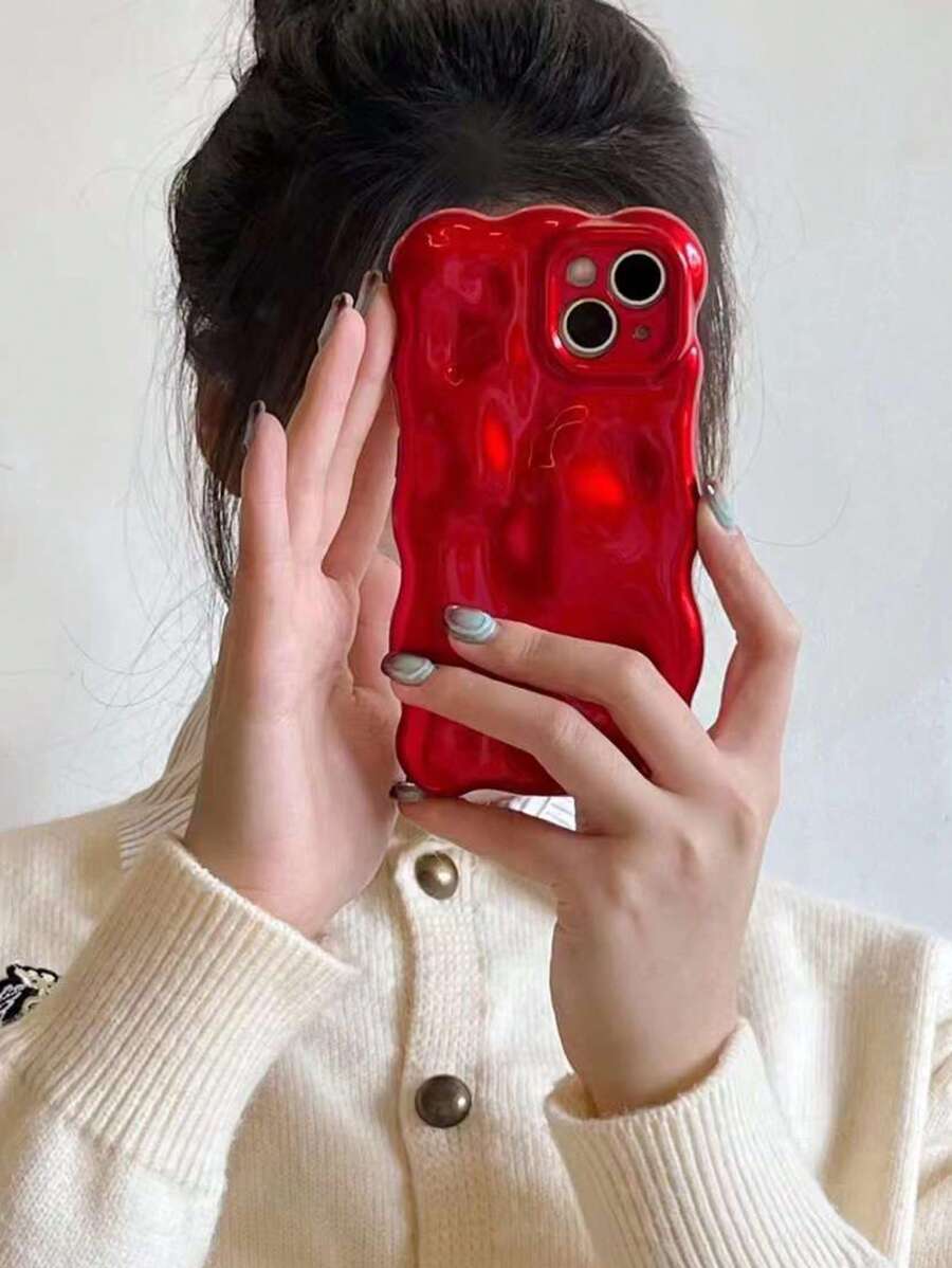 Minimalist Personalized Solid Red Water Ripple Pattern Phone Case, Compatible With Apple 11/12/13/14/15/16 Pro Max, Creative Full-Body Protective Cover