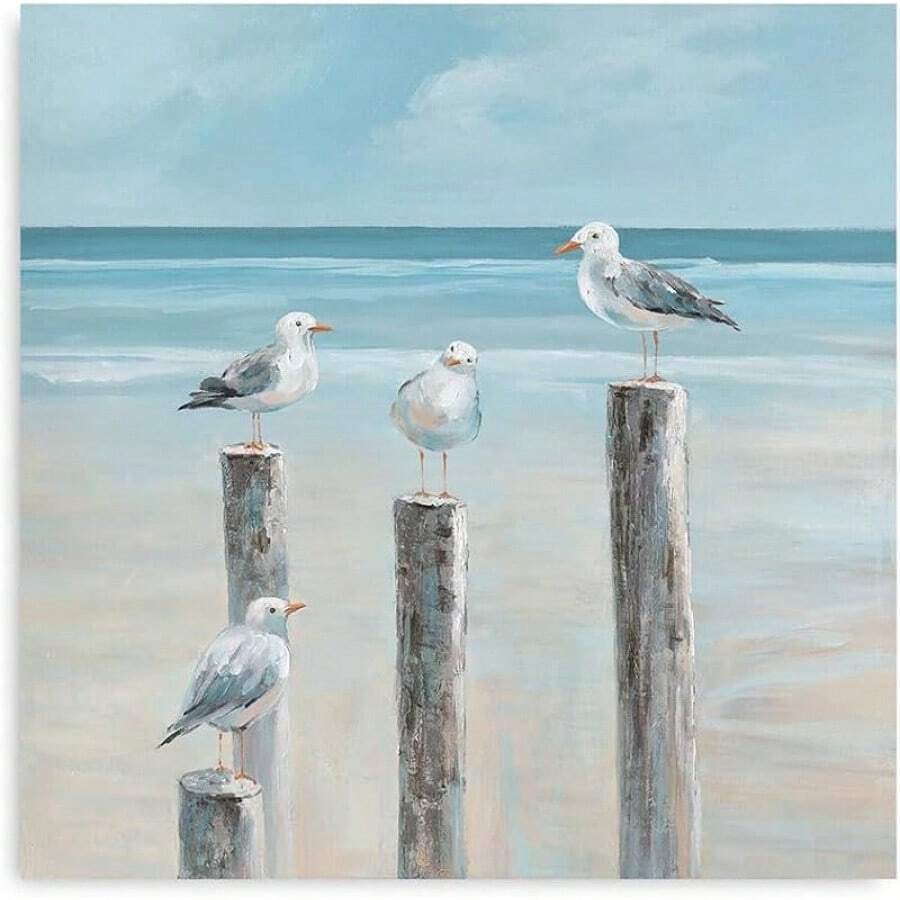 Coastal Seagull Wrapped Canvas Decor- Seabird Canvas Beach Wall Art, Lake And Sea Ocean Themed Artwork For Bedroom Bathroom Art 12x12inch(Framed Wrapped Canvas)
