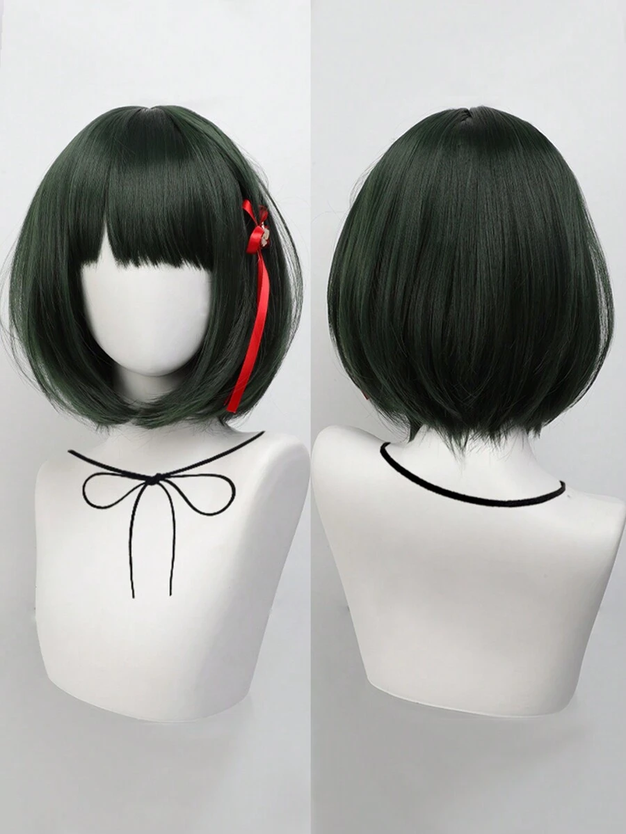 14 inch korte rechte donkergroene BOB-pruik met pony's synthetische cartoon anime cosplay haar pruiken voor vrouwen meisjes dagelijks feest kostuum pruiken Halloween feest verjaardag vakantie Thanksgiving dag kerstcadeaus decoraties cos rekwisieten accessoires