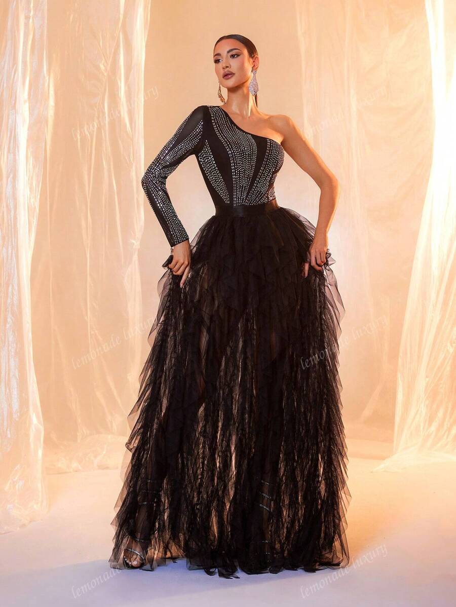 Black One Sleeve Sequin Contrast Mesh Maxi Formal Dress