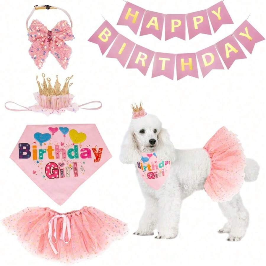 1 Set Of Birthday Dog Party Supplies - Dog Birthday Pet Girl Set Dog Birthday Bandage - Pink Skirt Crown Hat Scarf Happy Birthday Banner (Pink, Large)