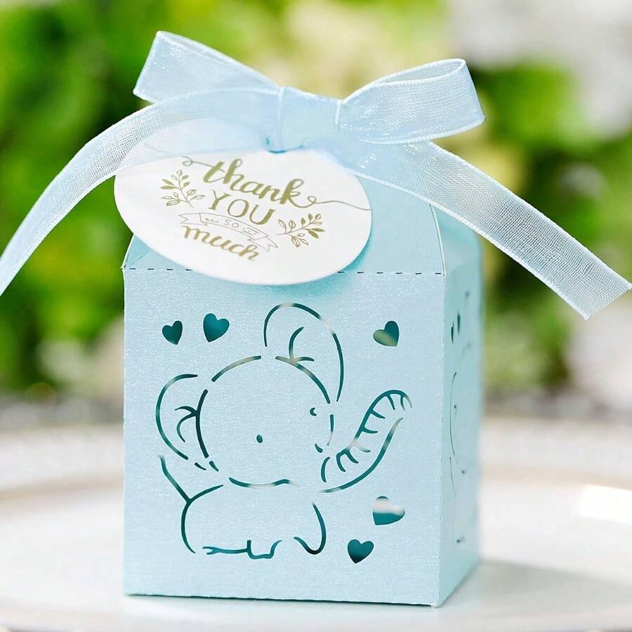 10 cajas de regalo con temática de elefante hechas de papel perlado con lazos - perfectas para fiestas de cumpleaños, baby showers, bodas - tamaño 5x5x8cm para empacar caramelos y chocolates (sin incluir etiquetas de agradecimiento)