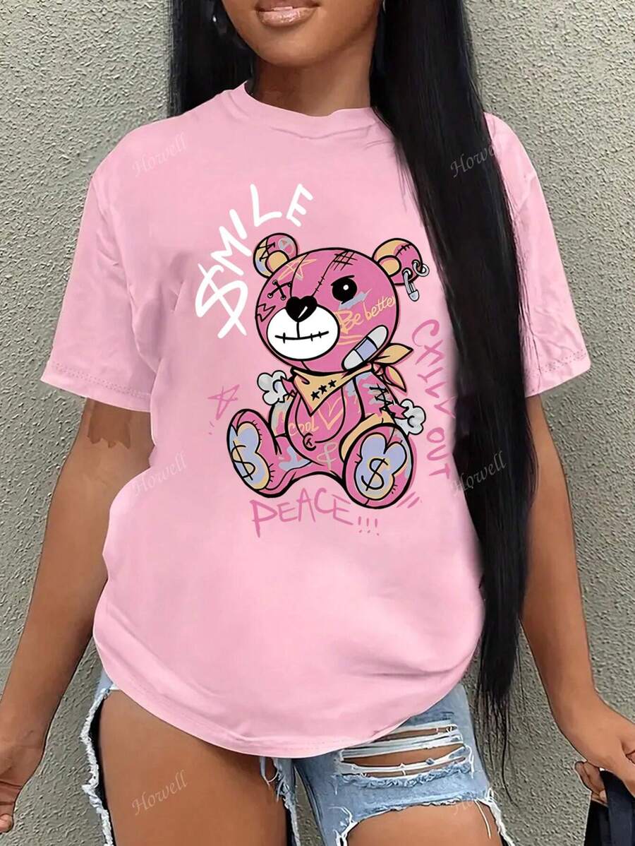 Camiseta de cuello redondo con estampado de oso, camiseta casual de manga corta para primavera y verano, ropa para mujer