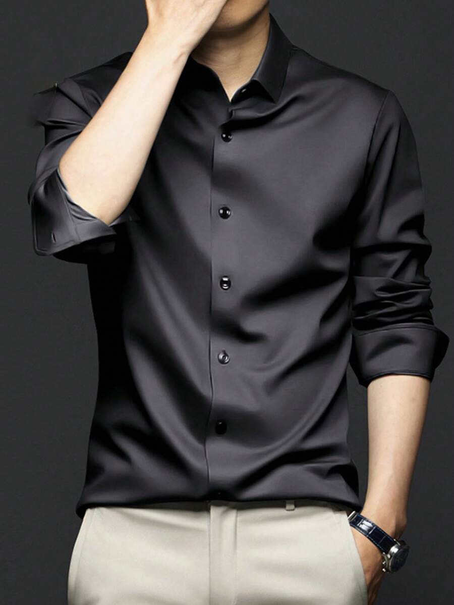 Silk Iron-Free Elastic Men's Long-Sleeved Shirt Solid Color Silky Business Casual Cardigan Composition 96% Polyester 4% Elastane/Single-Piece Shirt/Gram Weight 135g