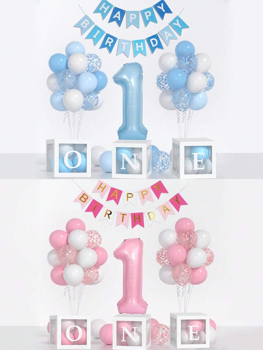 54pcs/Set First Birthday Decorations For Boy And Girl-40 Inch Blue 1 Number, Baby Blue,Pink,Green,White Balloons, Happy Birthday Balloons And One Balloon Boxes For Kids One Year Old Birthday Decorations