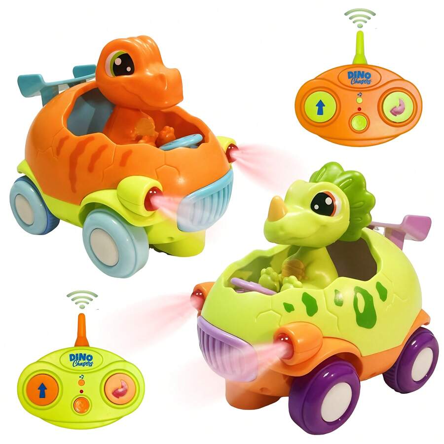 MOONTOY Remote Control Dinosaur Car For Toddler, 2 Pack Dinosaur RC Cars For Kids 2-4 With Lights & Music, Baby Remote Toy For 2 3 4 5 Year Old Boys Girls, Toddler Remote Control Car, Birthday Gift